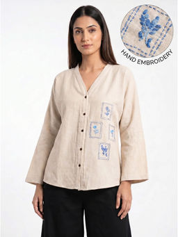 ZNKL - Beige Women Pure Cotton Embroidered Hand Embroidery V-Neck Regular Fit Top