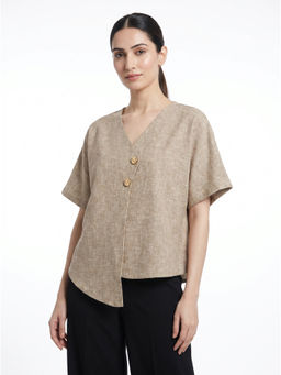 ZNKL - Beige Women Pure Cotton Textured Woven V-Neck Oversized Fit Crop Top