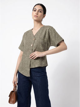 ZNKL - Olive Women Pure Cotton Textured Woven V-Neck Oversized Fit Crop Top