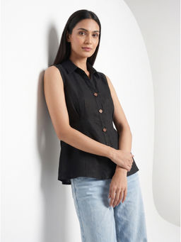 ZNKL - Black Women Polyester Solid Pleated Collar Neck Regular Fit Top