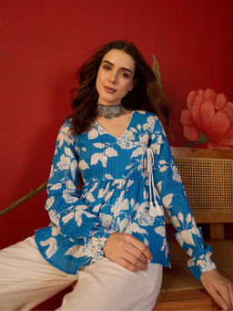 CLO - Blue Cotton Women Floral Printed Top