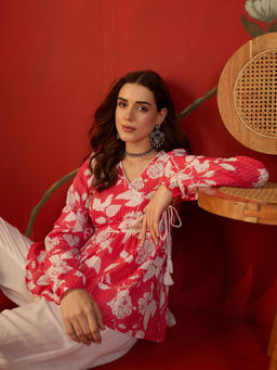 CLO - Red Cotton Women Floral Printed Top