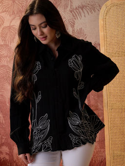CLO - Black Aesthetic Lose Fit Embroidery Cotton Shirt Style Shirt