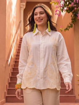 CLO - Off White Aesthetic Lose Fit Embroidery Cotton Shirt Style Shirt