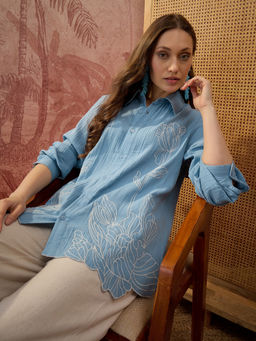 CLO - Blue Aesthetic Lose Fit Embroidery Cotton Shirt Style Shirt