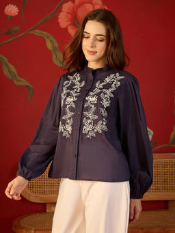 CLO - Navy Blue Embroidery Pure Cotton Blouse