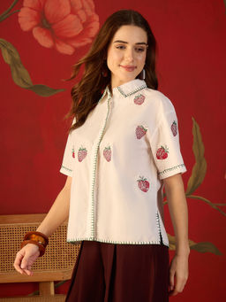 CLO - White Women’s Cotton Embroidered Strawberry Shirt