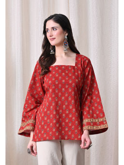 Meera Fab - Red Women Red Floral Print Square Neck Kurti