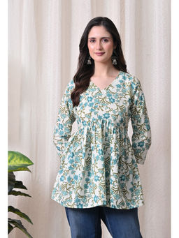 Meera Fab - Green Women Cotton Floral Printed Top