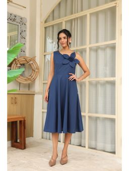 Jisora - Women's Blue Solid Cotton Dress