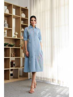 Jisora - Women's Blue Embroidery Cotton Flex Dress