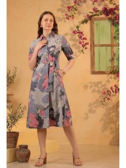 Jisora - Women's Grey Printed Cotton Flex Dress