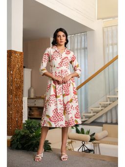 Jisora - Women's Off White Printed Cotton Flex Dress