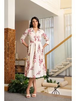 Jisora - Women's Off White Printed Cotton Flex Dress