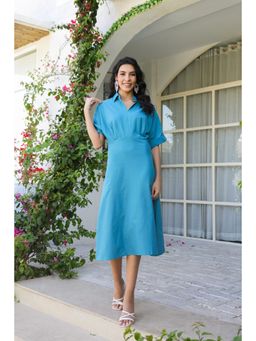 Jisora - Women's Blue Solid Cotton Flex Dress