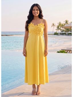 B'Infinite - Sunshine Yellow Pearl Applique Maxi Dress