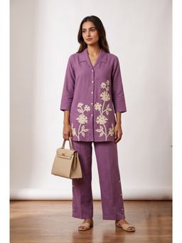 Jisora - Women's Purple Embroidery Cotton Flex Co-Ord Set