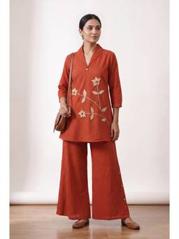 Jisora - Women's Rust Embroidery Cotton Co-Ord Set