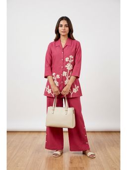 Jisora - Women's Pink Embroidery Cotton Flex Co-Ord Set