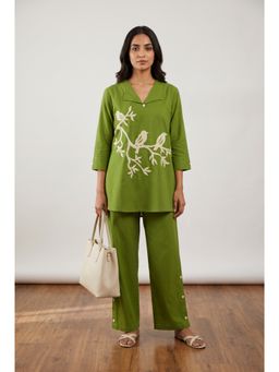 Jisora - Women's Green Embroidery Cotton Flex Co-Ord Set