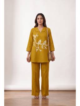 Jisora - Women's Mustard Embroidery Cotton Flex Co-Ord Set