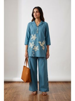 Jisora - Women's Sky Blue Embroidery Cotton Flex Co-Ord Set