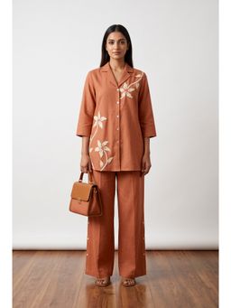 Jisora - Women's Brown Embroidery Cotton Flex Co-Ord Set
