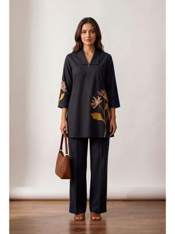 Jisora - Women's Black Embroidery Cotton Flex Co-Ord Set
