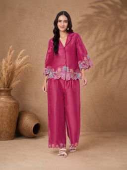 SILCHIC - Women Pink Embroidered Jacket Style Co-Ord Set