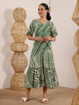 Lative Colours Of Fashion - Green Printed Cotton Dress with Belt