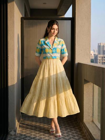 Yellow Printed Cotton Dress with Jacket