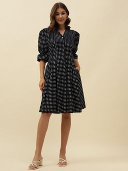 Beatnik - Navy Blue Printed Poplin Dress