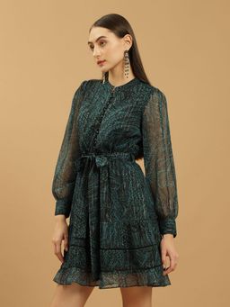 Beatnik - Black Printed Rayon Dress with Belt