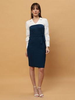 Beatnik - Blue Colorblock Crepe Dress with Belt