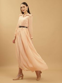 Beatnik - Beige Solid Chiffon Dress with Belt