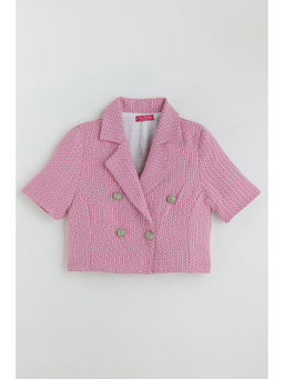 One Friday - Girls Pink Cropped Fit Half Sleeve Yarn Dyed Jacket