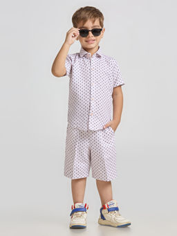 Kids Island - White Polka Dot Printed Half Sleeve Shirt & Shorts (Set of 2)