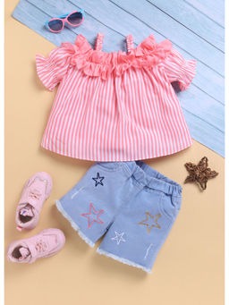 Toonyport - Girls Pink Stripes Printed Cotton Top & Shorts (Set of 2)