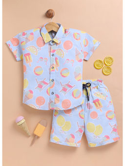 Toonyport - Boys Blue Printed Cotton Shirt & Shorts (Set of 2)