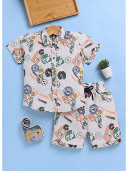 Toonyport - Boys White Printed Cotton Shirt & Shorts (Set of 2)