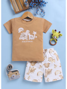Toonyport - Boys Brown Printed Cotton T-shirt and Shorts (Set of 2)
