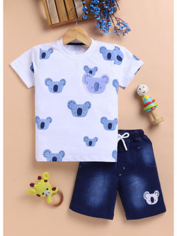 Toonyport - Boys White Printed Cotton T-shirt and Shorts (Set of 2)