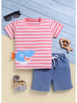 Toonyport - Boys Pink Stripes Printed Cotton T-shirt & Shorts (Set of 2)