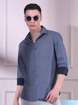 CRIMSOUNE CLUB - Navy Blue Cotton Blend Full Sleeves Shirt