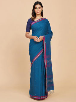Fabindia - Teal Cotton Woven Saree Without Blouse