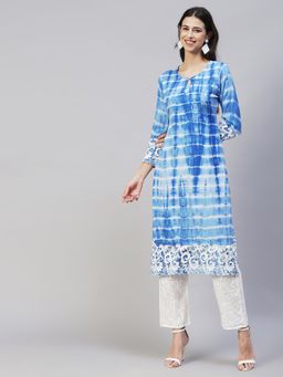 FASHOR - Tie- Dye Printed Straight Kurta With Pants - Blue (Set of 2)