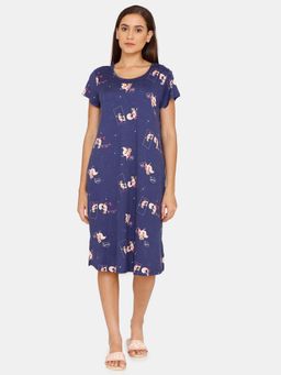 Zivame - Nuts For U Knit Poly Mid Length Nightdress - Deep Cobalt - Blue