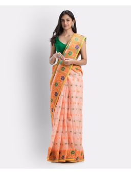 Angoshobha - Woven Cotton Tie Dye Tant Saree In White Orange