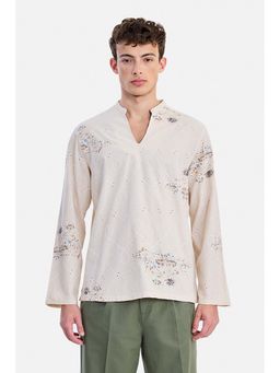 Snitch - Beige Embroidered Mandarin Neck Casual Shirt