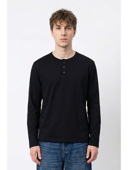 Snitch - Black Solid/Plain Henley Neck Casual T-Shirt